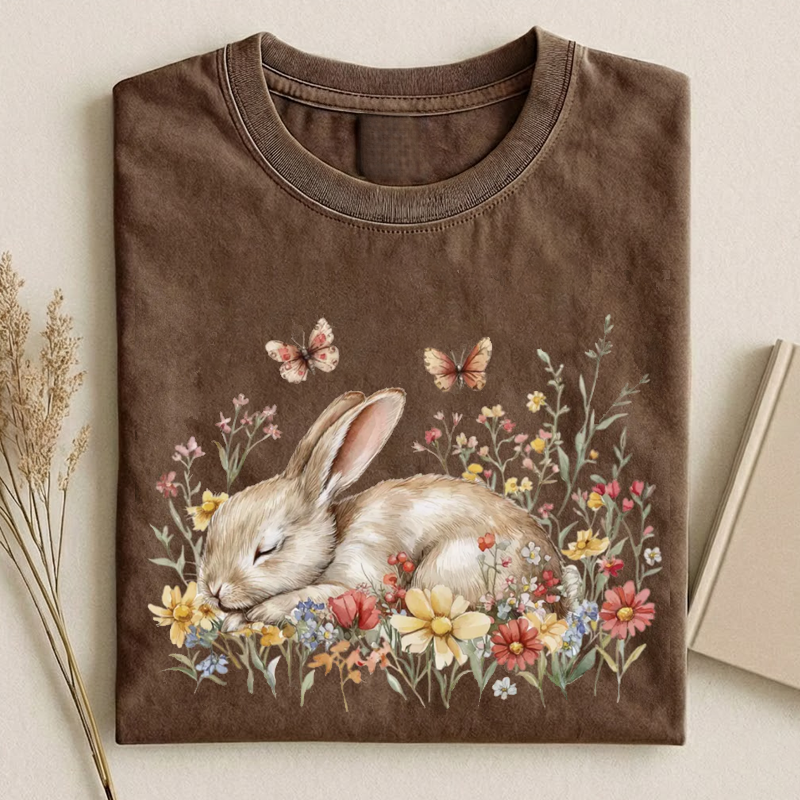 Sleeping Bunny Floral Watercolor Art T-shirt-ShawnCraft