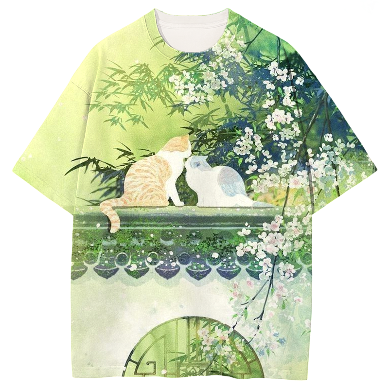 Kissing Catsl Graphic Print T-Shirt-ShawnCraft