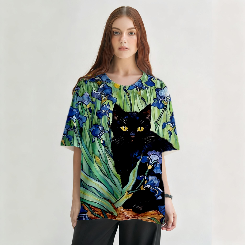 Irises Black Cat Graphic Print T-Shirt-ShawnCraft