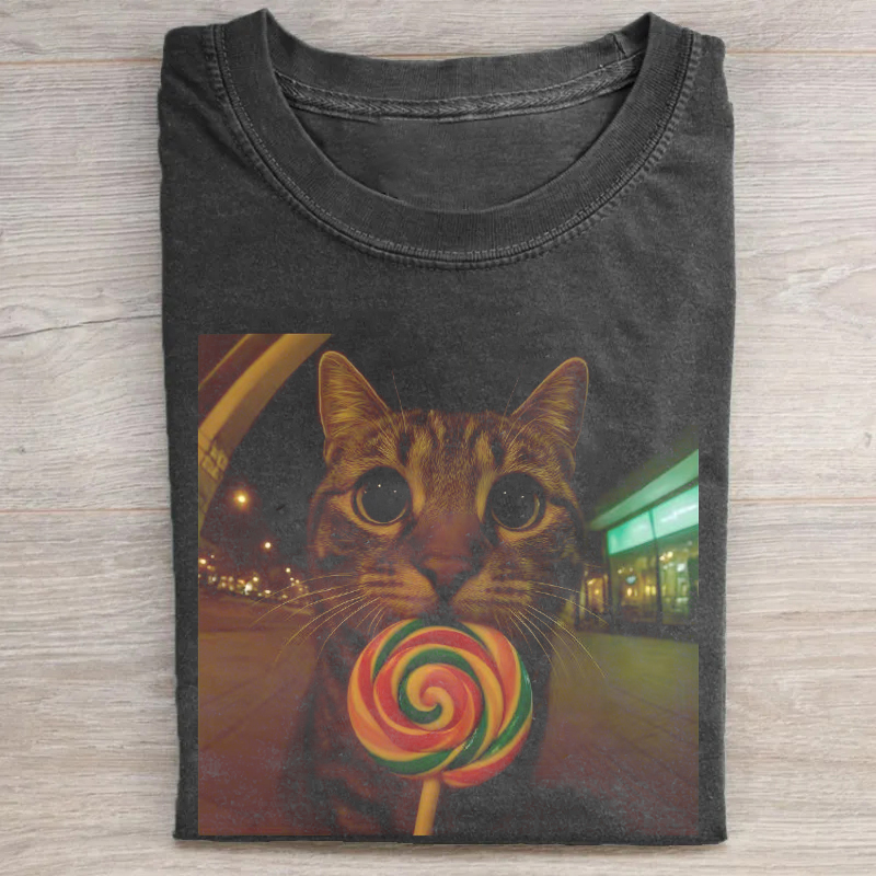 Funny Cat eating a lollipop T-shirt-ShawnCraft