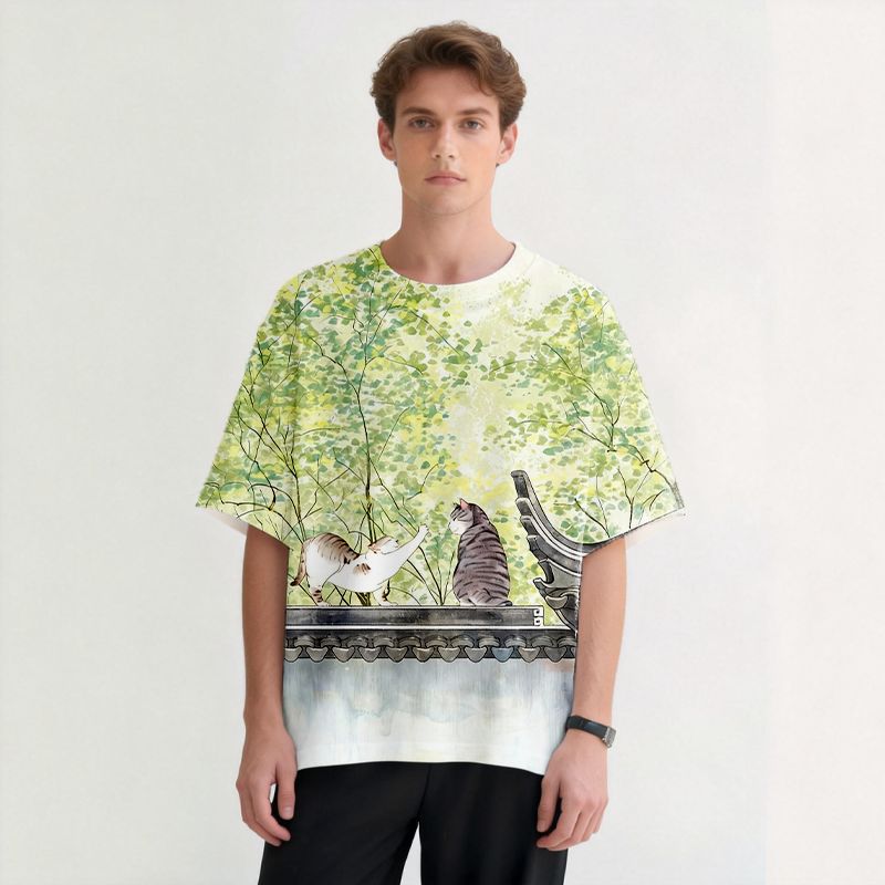 The Cat on The Wall Graphic Print T-Shirt-ShawnCraft