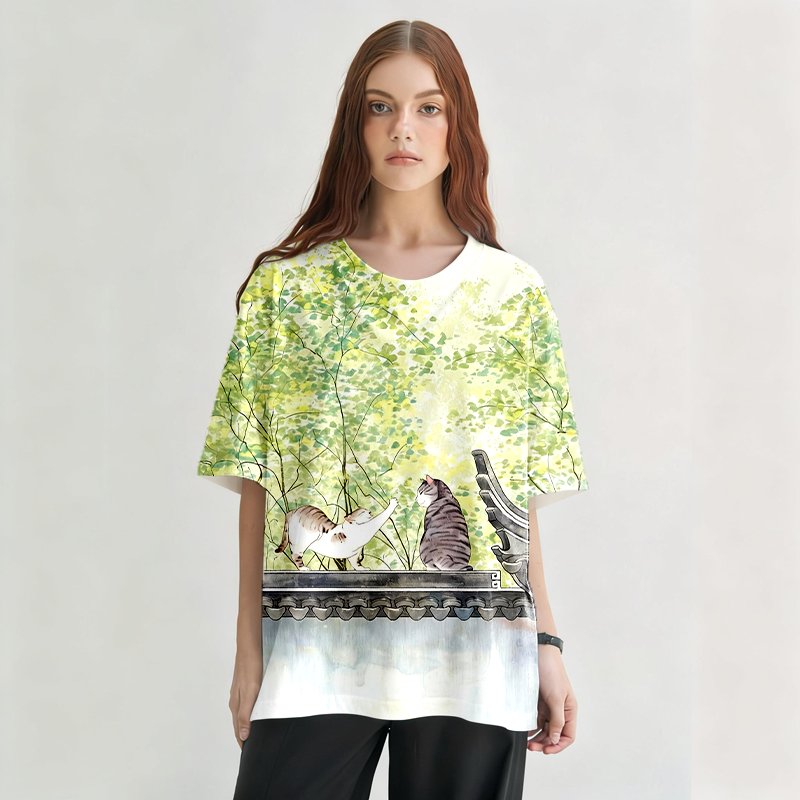 The Cat on The Wall Graphic Print T-Shirt-ShawnCraft