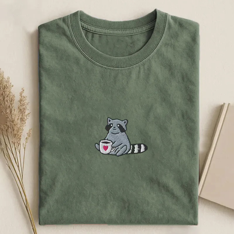 Raccoon Coffee Embroidered T-shirt-ShawnCraft