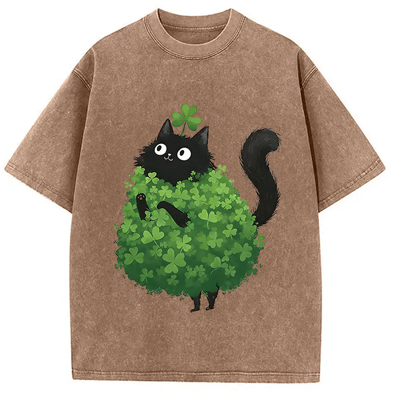 St. Patrick's Day Decorated Cat Washed T-Shirt-ShawnCraft