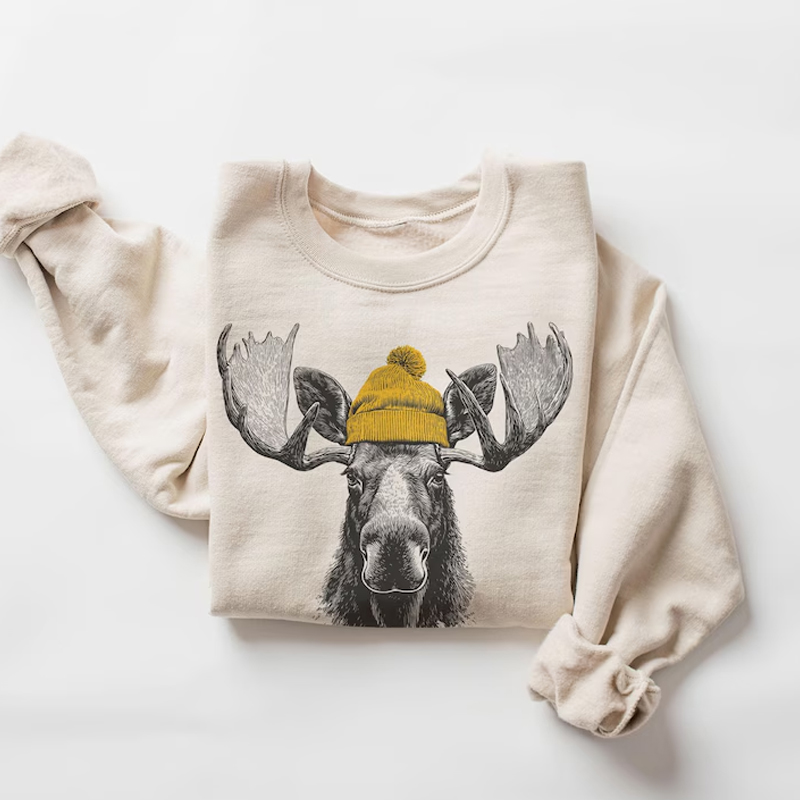Bull Moose Wearing Beanie Sweatshirt-ShawnCraft