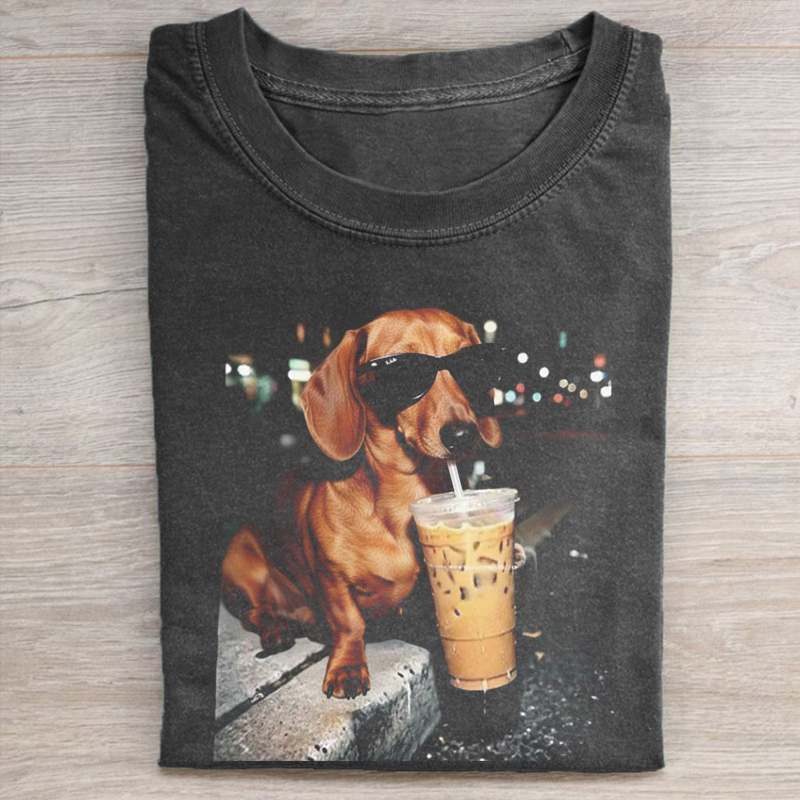 Funny Dachshund Drinking Iced Coffee T-shirt-ShawnCraft