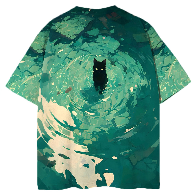 Emerald Green Black Cat Graphic Print T-shirt-ShawnCraft