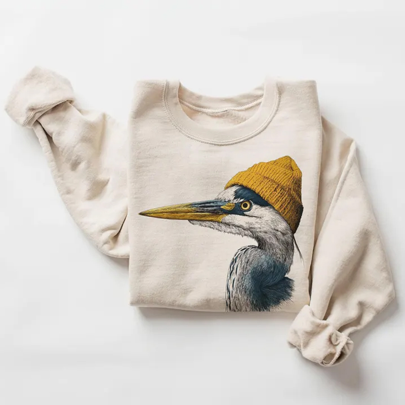 Retro 90's Great Blue Heron Wearing Beanie Sweatshirt-ShawnCraft