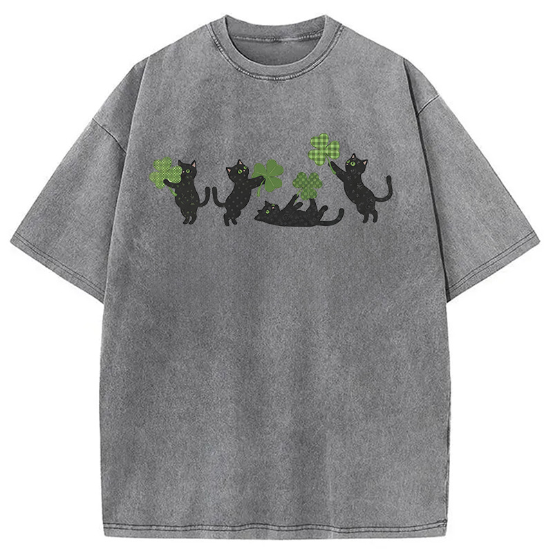 St Patricks Day Cat Washed T-Shirt-ShawnCraft