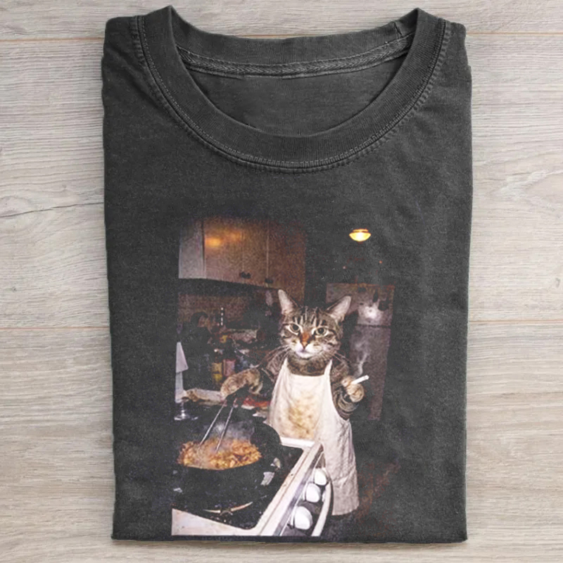 Retro Cooking Cat Meme Graphic T-shirt-ShawnCraft