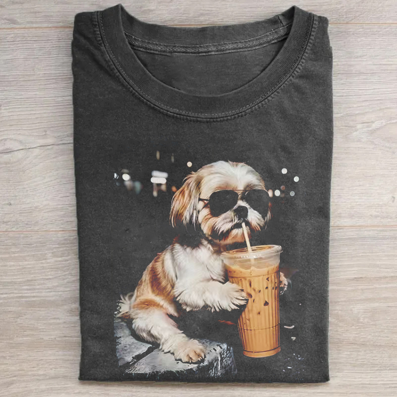 Shih Tzu Drinking Iced Coffee T-shirt-ShawnCraft