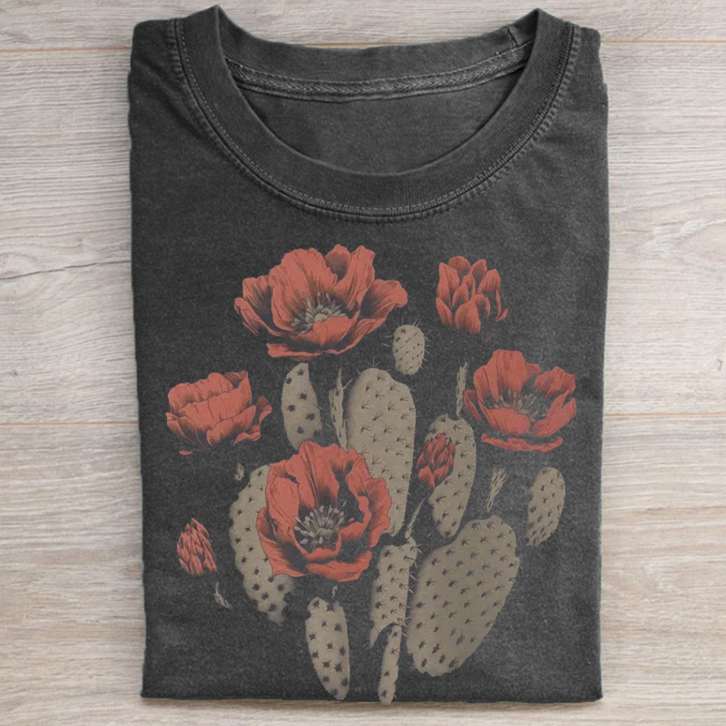 Boho Desert Graphic Cactus Flower T-shirt-ShawnCraft
