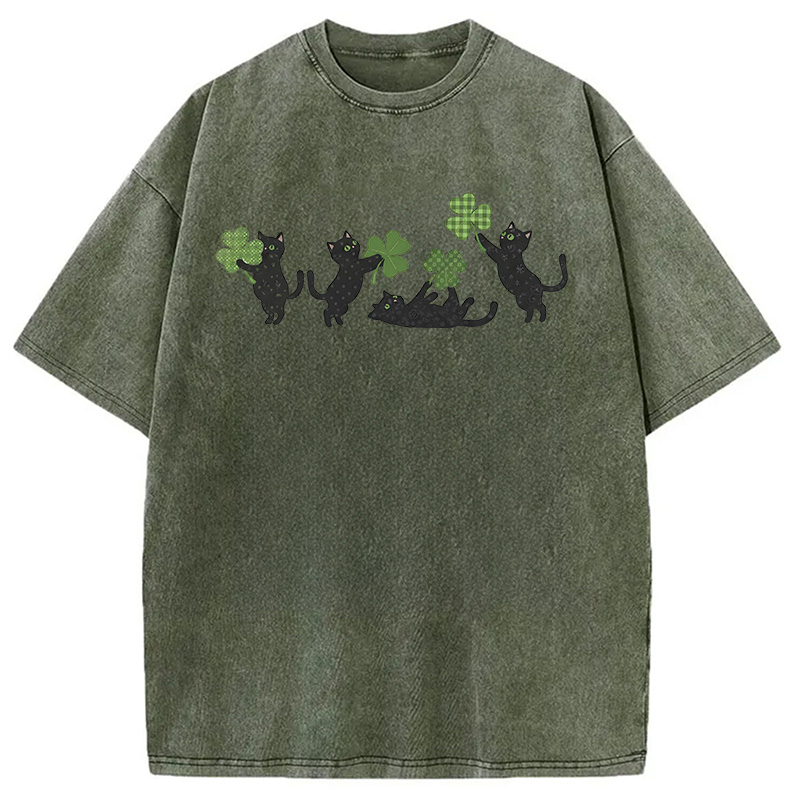 St Patricks Day Cat Washed T-Shirt-ShawnCraft