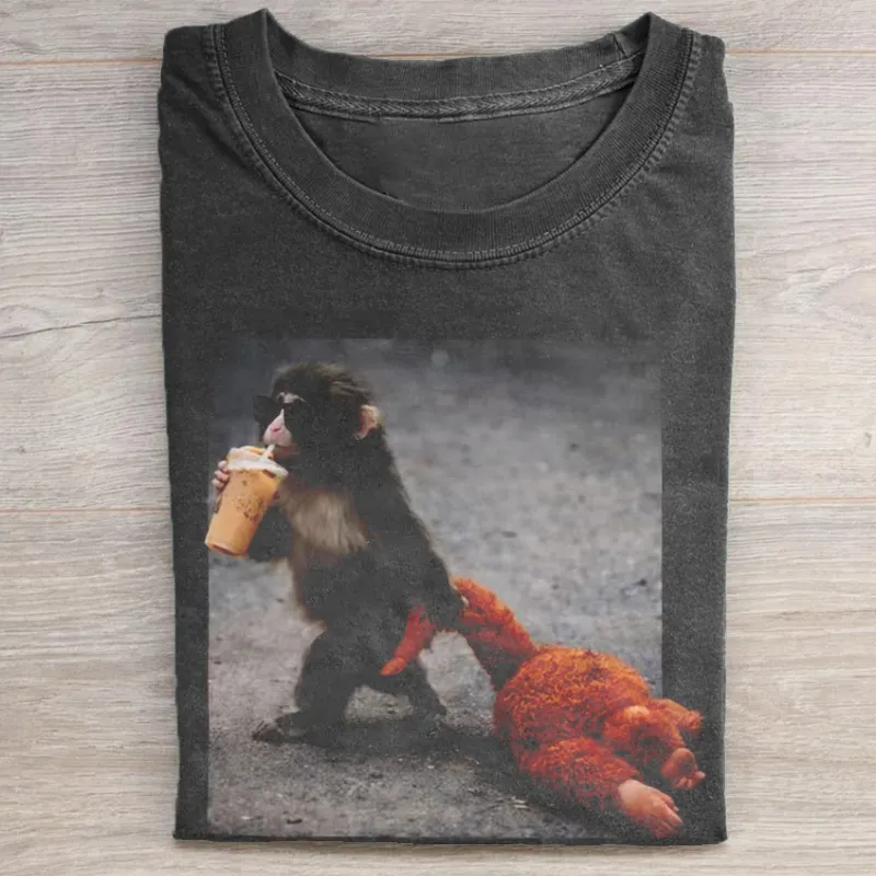 Baby Monkey Punch Drinking Iced Coffee T-Shirt-ShawnCraft