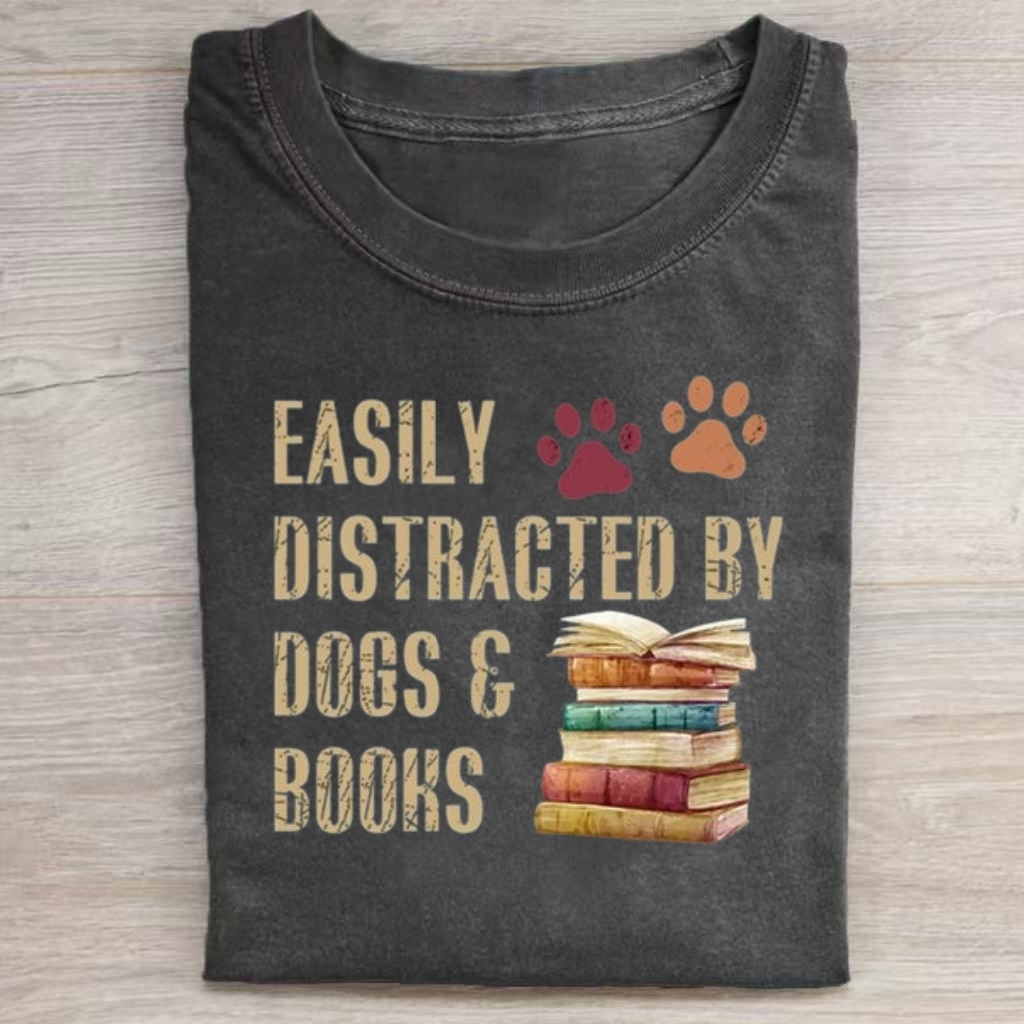 'Easily Distracted By Dogs & Books' Text Graphic T-shirt-ShawnCraft