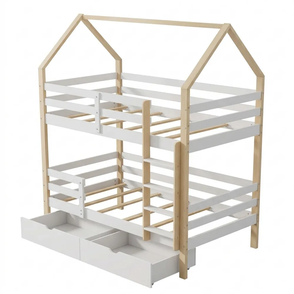 Etagenbett 90x200cm mit Leiter und Schubladen, Stockbett für Kinder mit Rausfallschutz