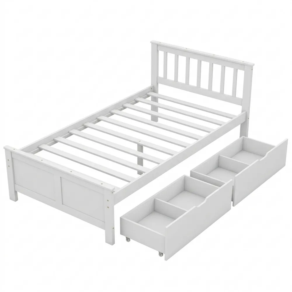 Einzelbett 90x200cm mit Aufbewahrungsschubladen, Kiefernholz, weiß