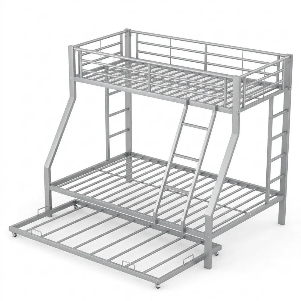 Robustes Etagenbett mit ausziehbarem Unterbett und beidseitiger Leiter, ideal für alle Altersgruppen, einfache Montage, 90/140 x 200 cm, Silber
