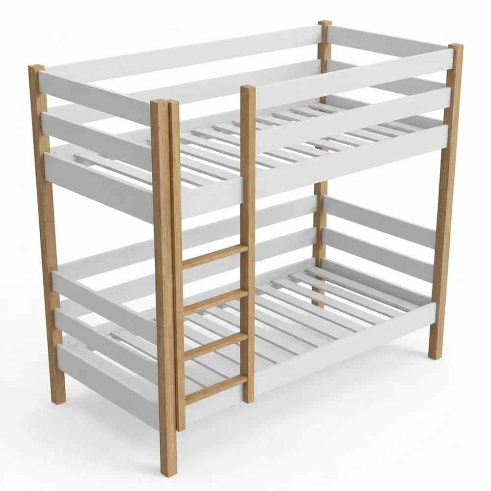 Hochbett 90x200 cm mit Leiter, Teilbare Einzelbetten, Eiche Massivholz