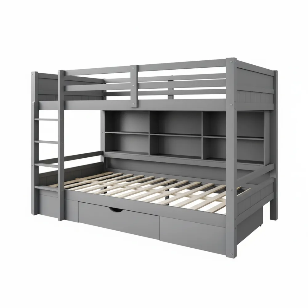 Holz-Etagenbett 90x200cm mit Lattenrost und Stauraum