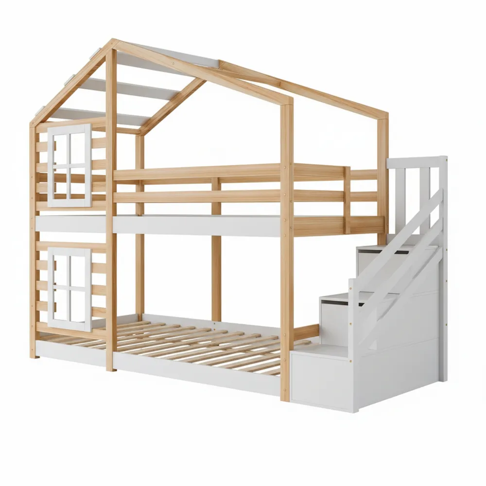 Etagenbett für Kinder mit Treppe und Stauraum, Rausfallschutz und Fenster, Natur & Weiß