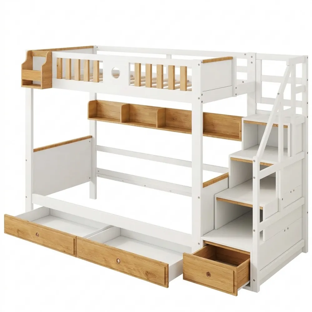 Hochbett mit viel Stauraum und Sicherheitsmerkmalen aus Holz, Weiß und Natur, 90x200cm