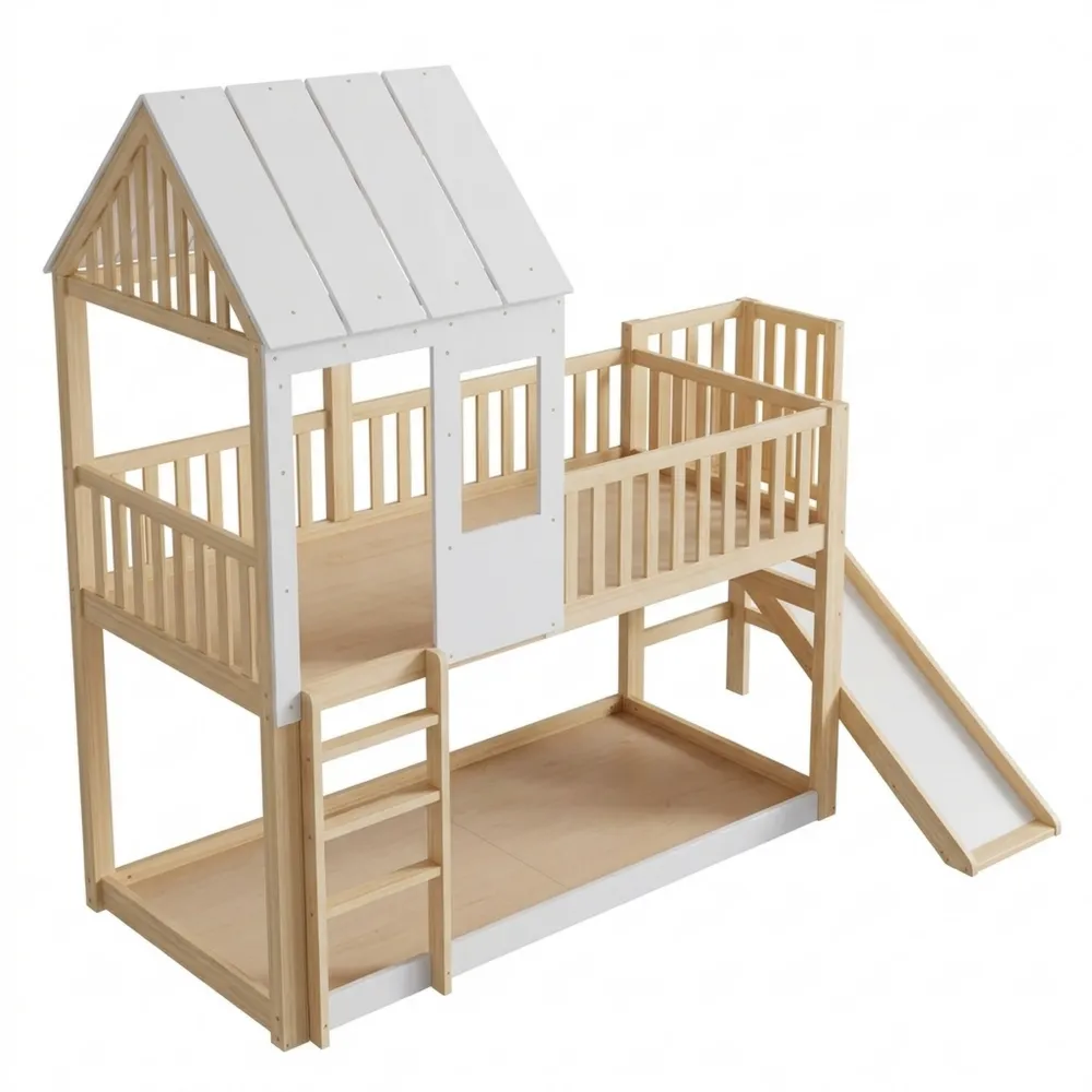 Kinder-Etagenbett mit Leiter und Rutsche, Hausdesign, Kiefernholz