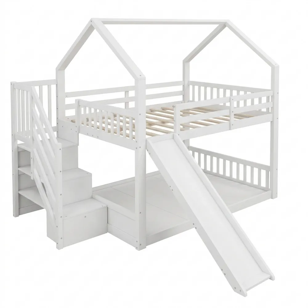 Hochbett mit Stauraumleiter und Rutsche, sicheres Kinder- und Jugendbett