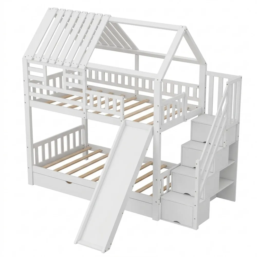Hochbett mit Rutsche und Stauraum, kinderfreundliches Design mit Fenster und Dach, Sicherheitsgitter und Schublade, Weiß, 90x200cm