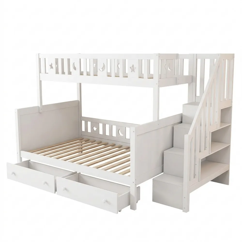 Etagenbett mit Schubladen und Stauraumtreppe, Holzlattenrost, Weiß, Ohne Matratze