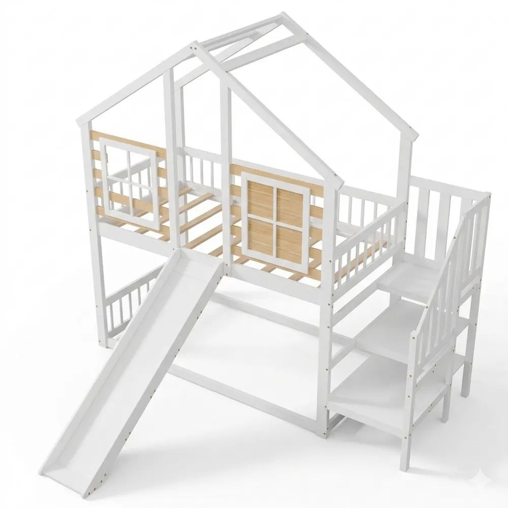 Hochbett für Kinder mit Rutsche und Treppe, 90x200 cm, Inklusive Lattenrost und Fensterverkleidung, Holzbett mit Rausfallschutz, Weiß