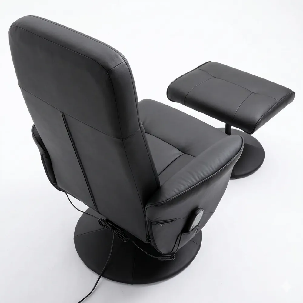 Drehbarer Massagesessel mit Hocker, 10 Massagepunkte, Liegefunktion, Fernbedienung, Seitentasche, Kunstleder Schwarz