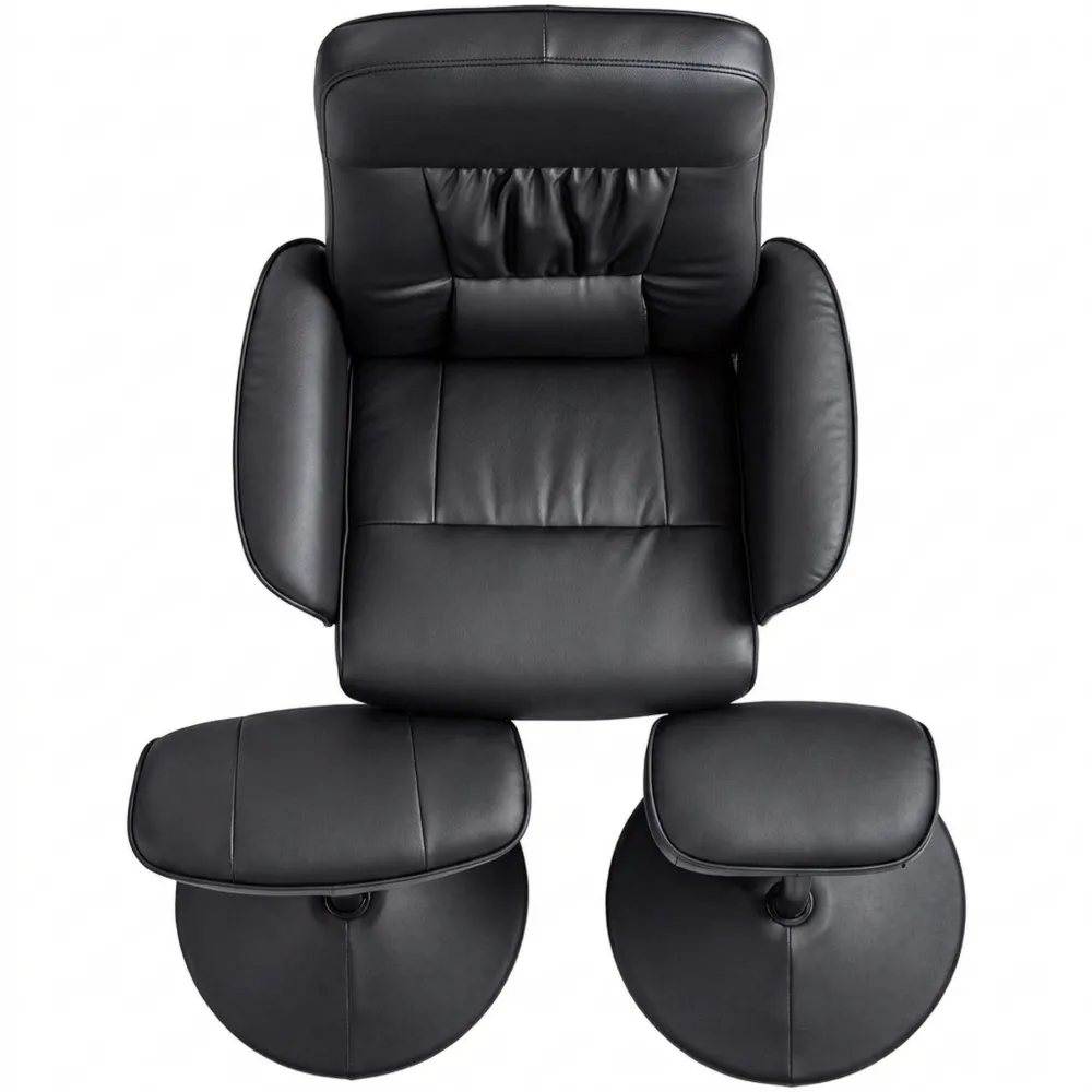 Verstellbarer Relaxsessel mit 360° Drehung und Hocker, Kunstleder, Schwarz