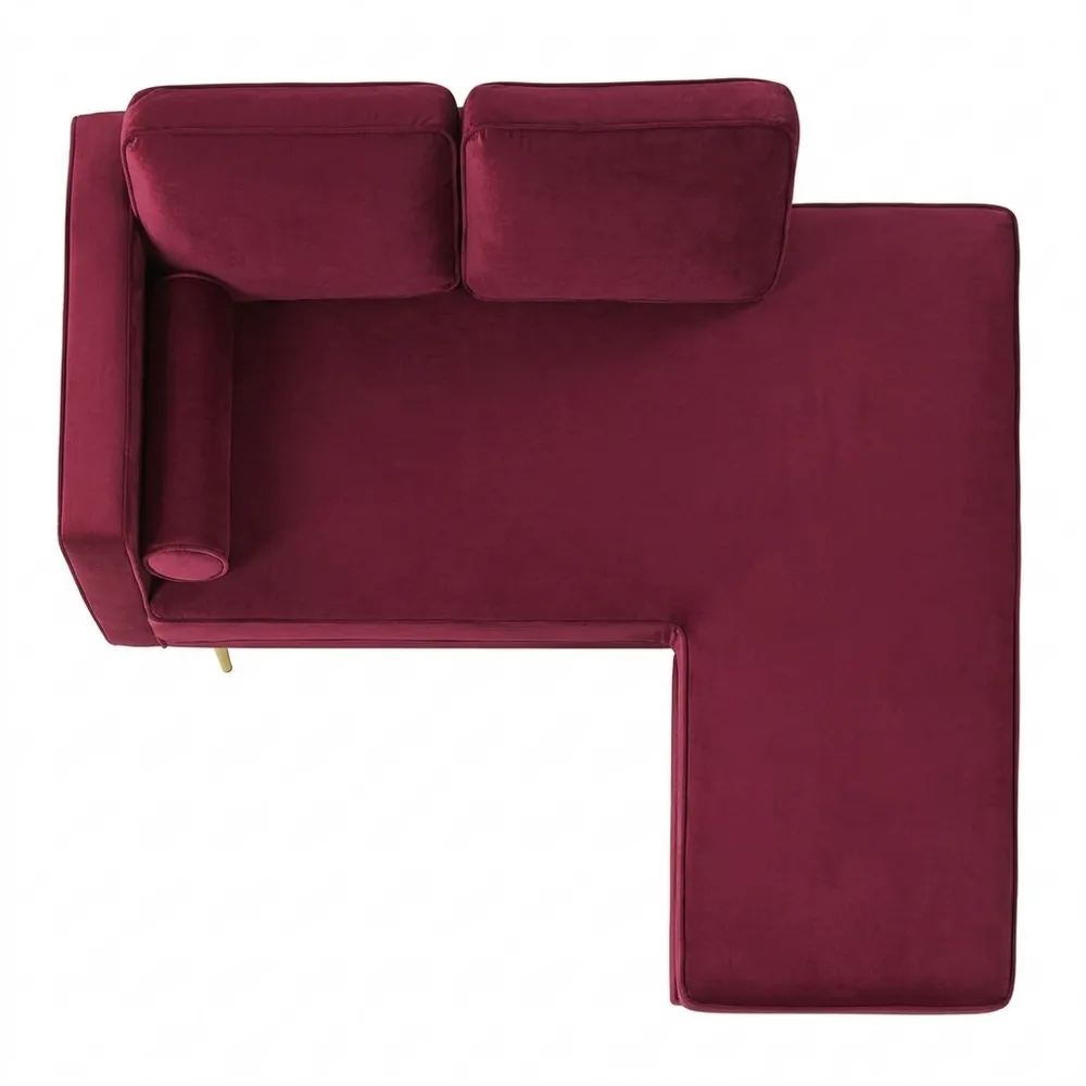 Moderne Chaiselongue aus rotem Samt mit Nackenrolle und goldenem Gestell