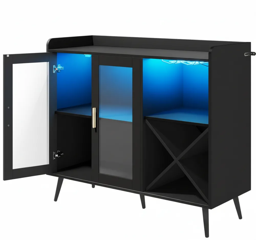 Moderner Barschrank mit LED-Beleuchtung und Weinregal, schwarz