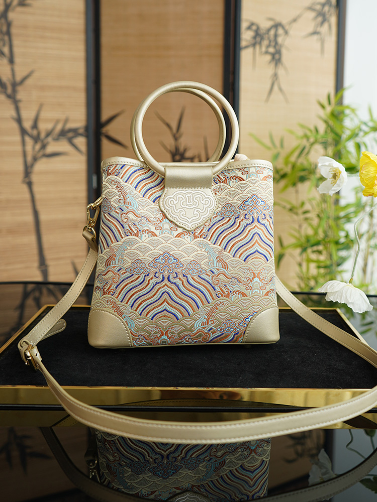 Haishui River Cliff Pattern Golden Intangible Cultural Heritage Cloud Brocade Leather Bag for Women, New Chinese Style Cross Shoulder Real Mulberry Silk Bag