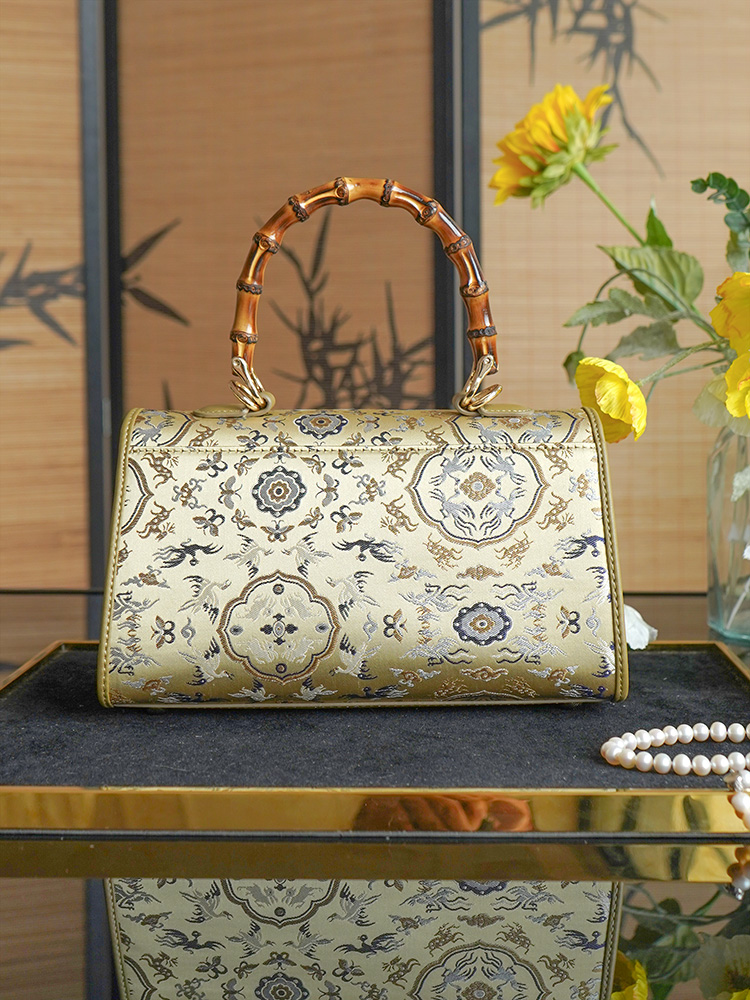 Intangible Cultural Heritage: Song Jin, He Lu, Tong Chun, Bamboo Knot Bag, Genuine Leather, New Chinese Green, Women's Cheongsam, Handbag, Mulberry Silk Bag