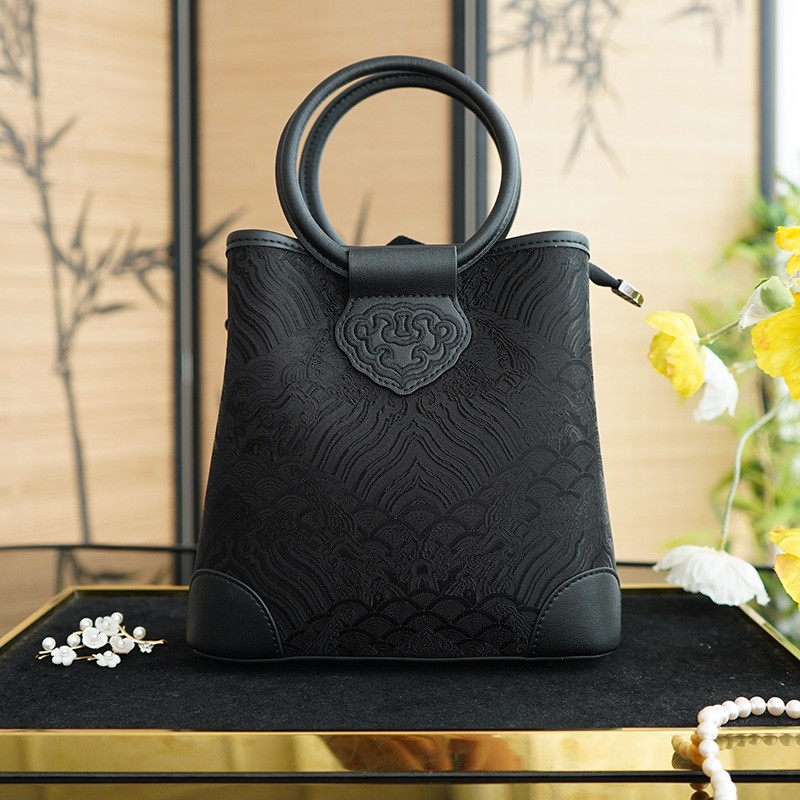 Haishui River Cliff Pattern Golden Intangible Cultural Heritage Cloud Brocade Leather Bag for Women, New Chinese Style Cross Shoulder Real Mulberry Silk Bag