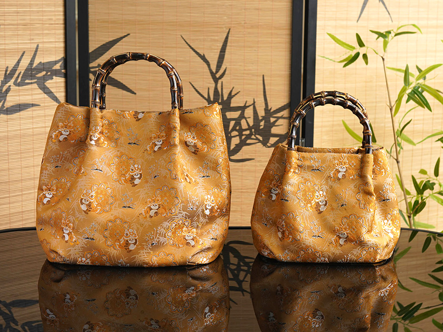 Haishui River Cliff Pattern Golden Intangible Cultural Heritage Cloud Brocade Leather Bag for Women, New Chinese Style Cross Shoulder Real Mulberry Silk Bag