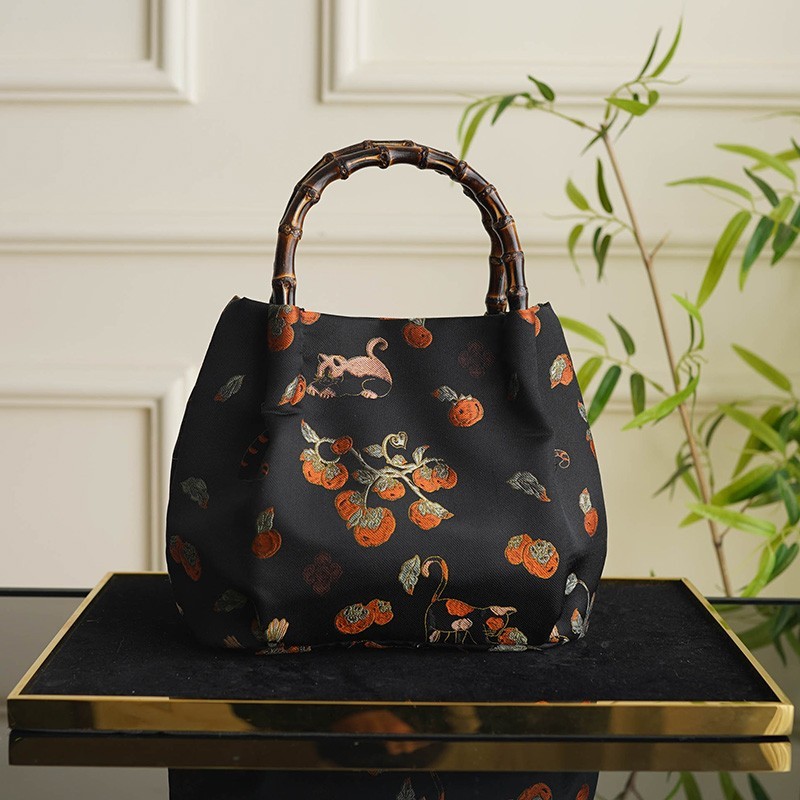 Haishui River Cliff Pattern Golden Intangible Cultural Heritage Cloud Brocade Leather Bag for Women, New Chinese Style Cross Shoulder Real Mulberry Silk Bag