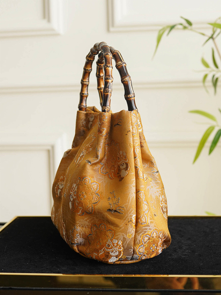 Haishui River Cliff Pattern Golden Intangible Cultural Heritage Cloud Brocade Leather Bag for Women, New Chinese Style Cross Shoulder Real Mulberry Silk Bag