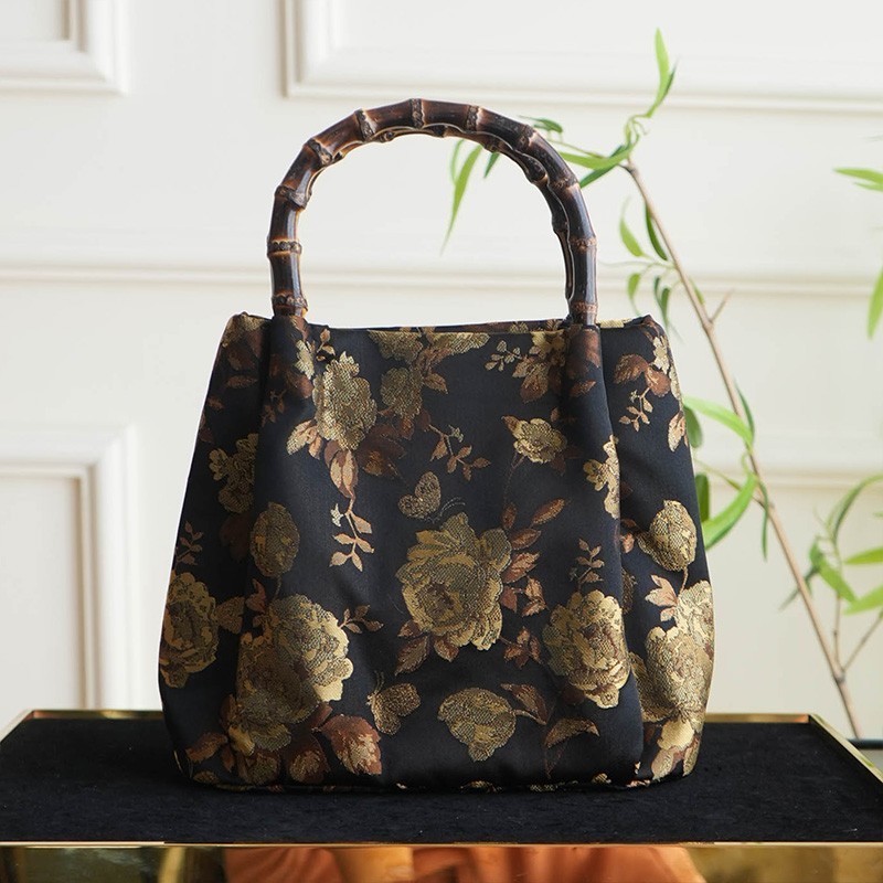 Haishui River Cliff Pattern Golden Intangible Cultural Heritage Cloud Brocade Leather Bag for Women, New Chinese Style Cross Shoulder Real Mulberry Silk Bag