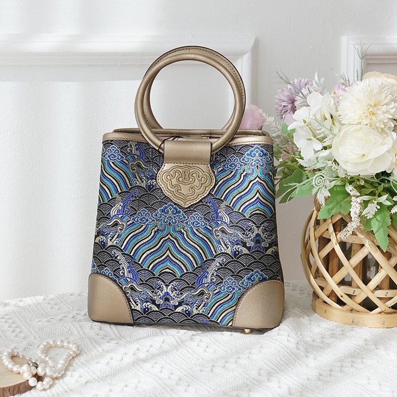 Haishui River Cliff Pattern Golden Intangible Cultural Heritage Cloud Brocade Leather Bag for Women, New Chinese Style Cross Shoulder Real Mulberry Silk Bag