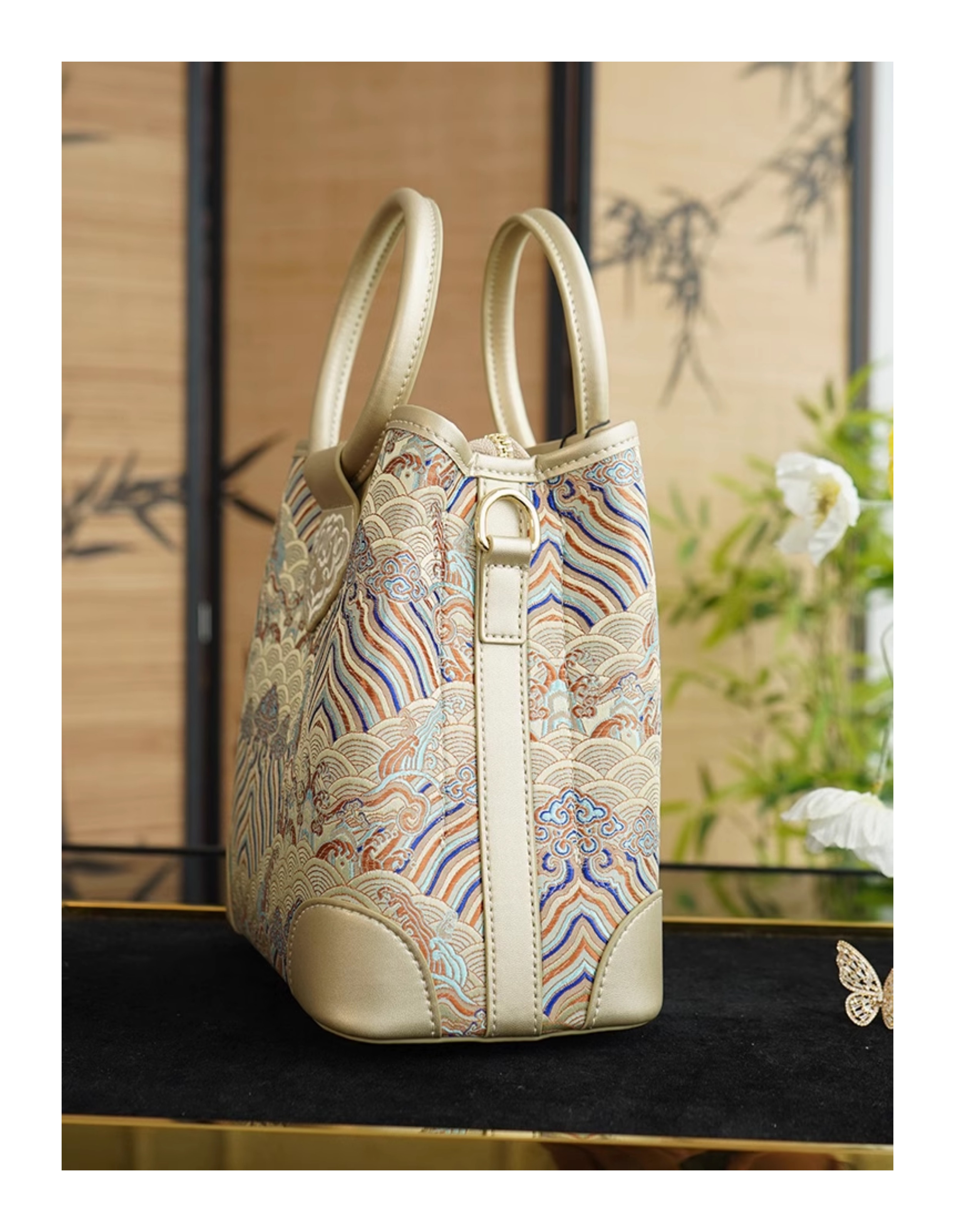 Haishui River Cliff Pattern Golden Intangible Cultural Heritage Cloud Brocade Leather Bag for Women, New Chinese Style Cross Shoulder Real Mulberry Silk Bag