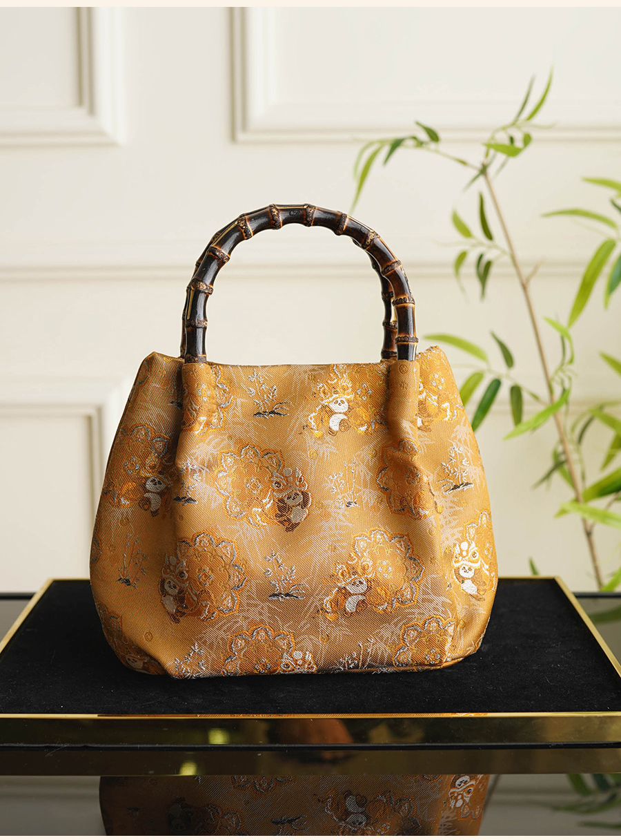 Haishui River Cliff Pattern Golden Intangible Cultural Heritage Cloud Brocade Leather Bag for Women, New Chinese Style Cross Shoulder Real Mulberry Silk Bag