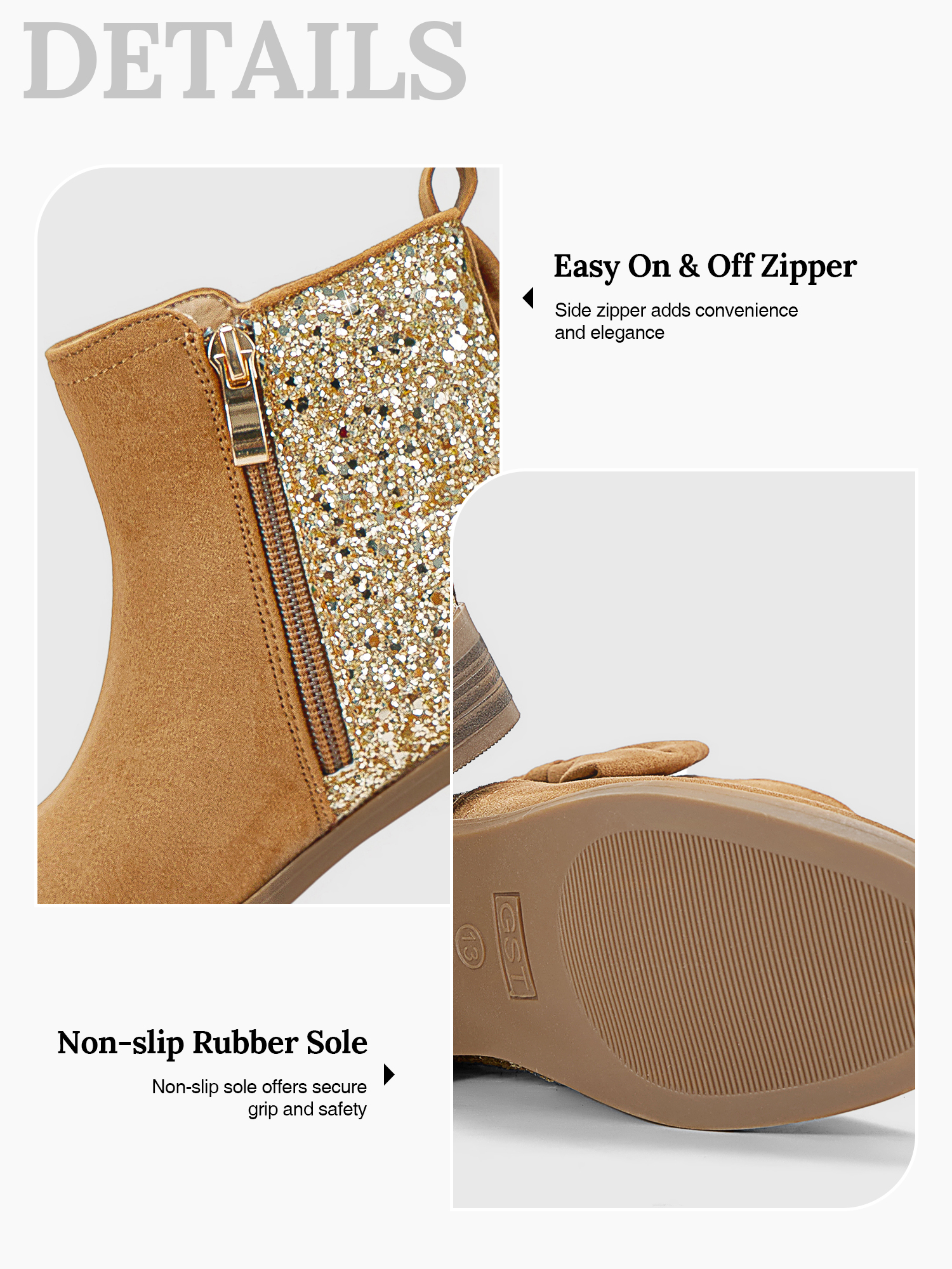 Girls Bow Glitter Ankle Boots Side Zipper Low Heel Dress Shoes | Cute Bow Knot Booties Low Chunky Heel Comfortable School Shoes for Little Big Kid