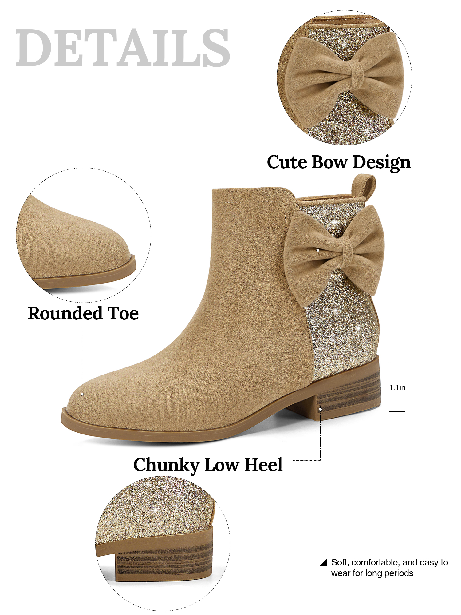 Girls Bow Glitter Ankle Boots Side Zipper Low Heel Dress Shoes | Cute Bow Knot Booties Low Chunky Heel Comfortable School Shoes for Little Big Kid