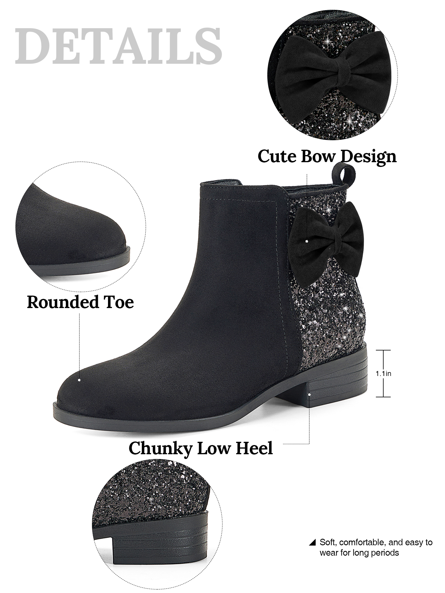 Girls Bow Glitter Ankle Boots Side Zipper Low Heel Dress Shoes | Cute Bow Knot Booties Low Chunky Heel Comfortable School Shoes for Little Big Kid