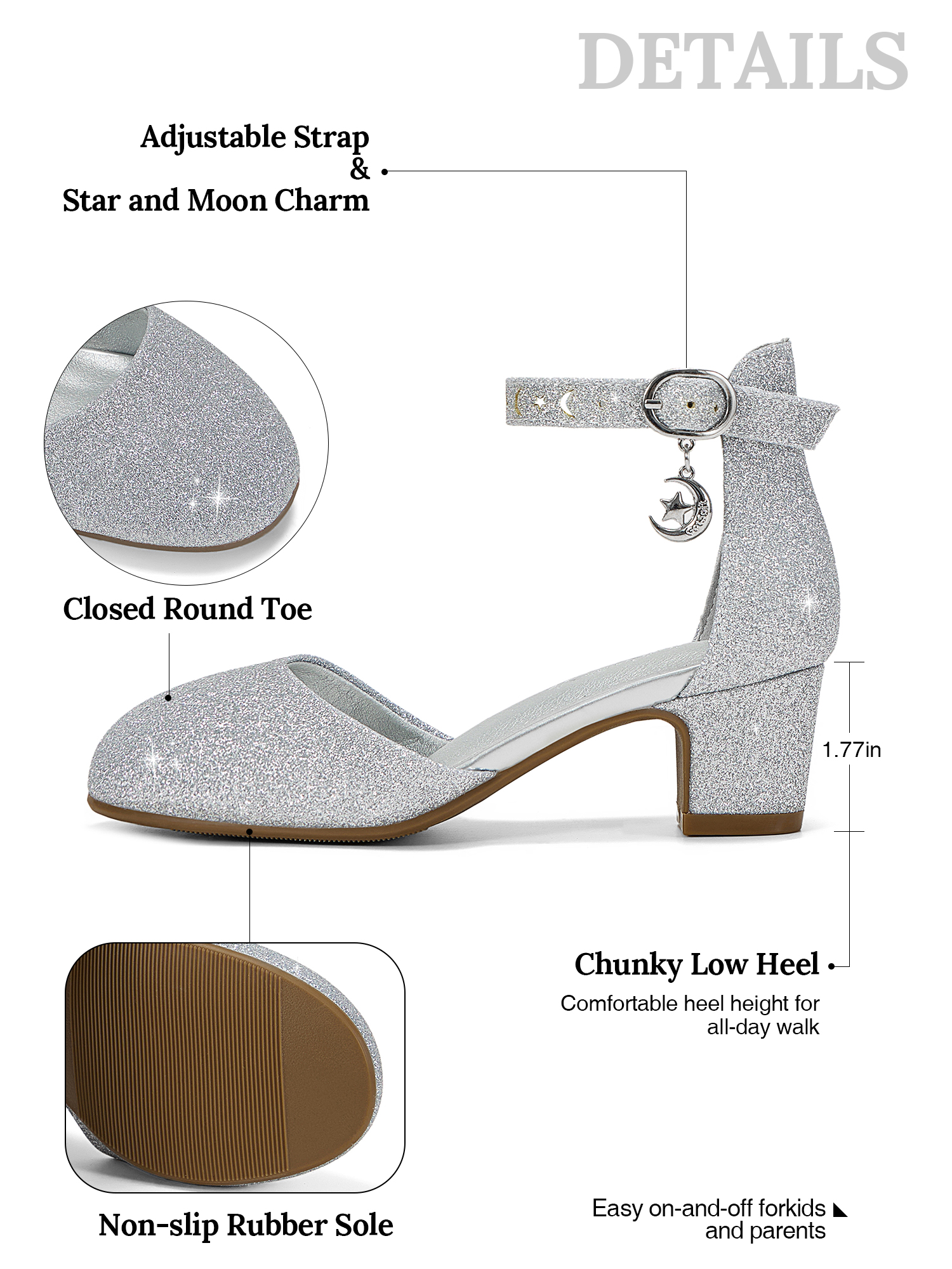 Girls Dress Shoes Ankle Strap Mary Jane Closed Round Toe Pumps Cute Pendant Block Chunky Heels Wedding Party School Birthday Shoes for Little Big Girl