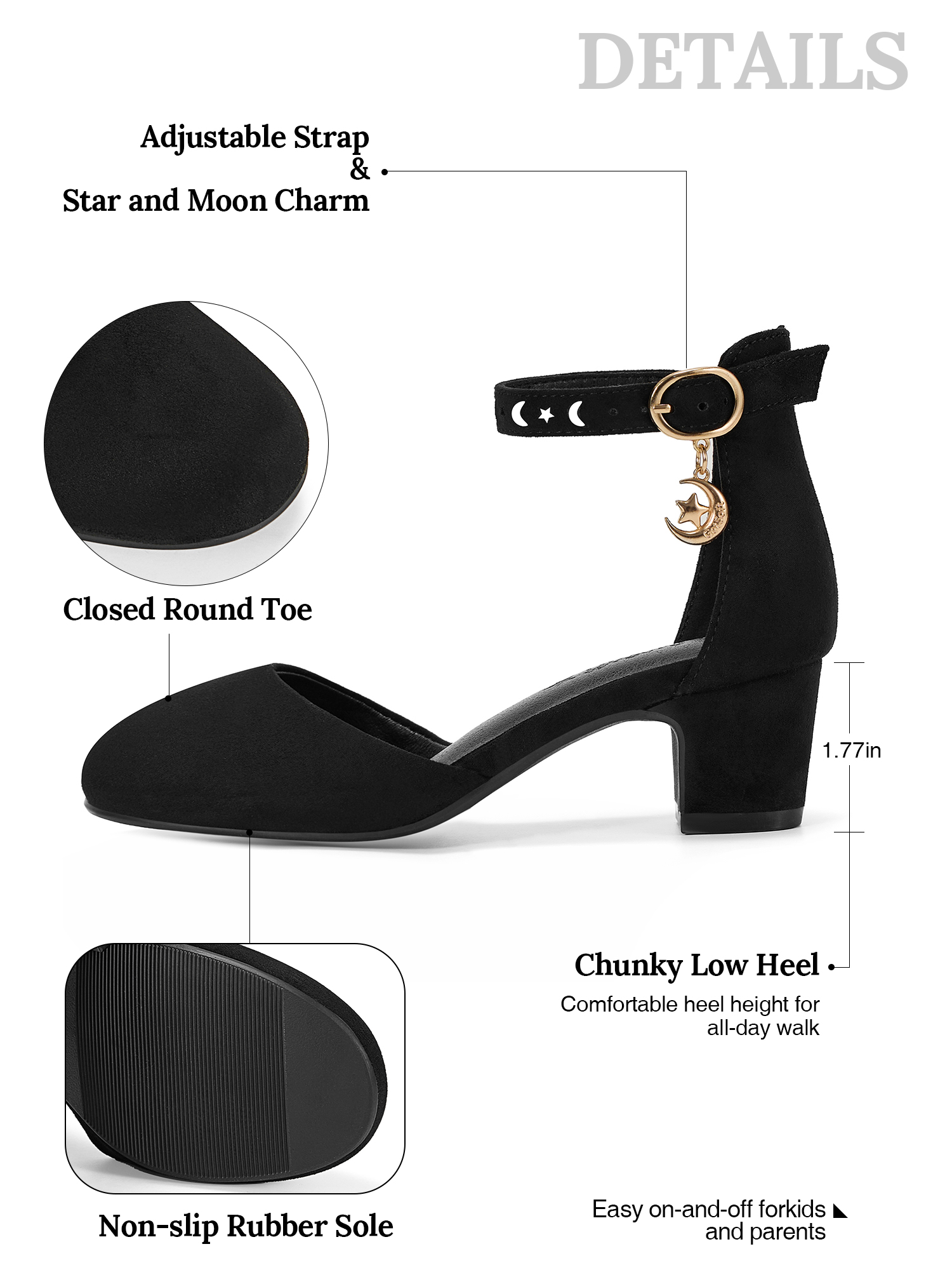Girls Dress Shoes Ankle Strap Mary Jane Closed Round Toe Pumps Cute Pendant Block Chunky Heels Wedding Party School Birthday Shoes for Little Big Girl